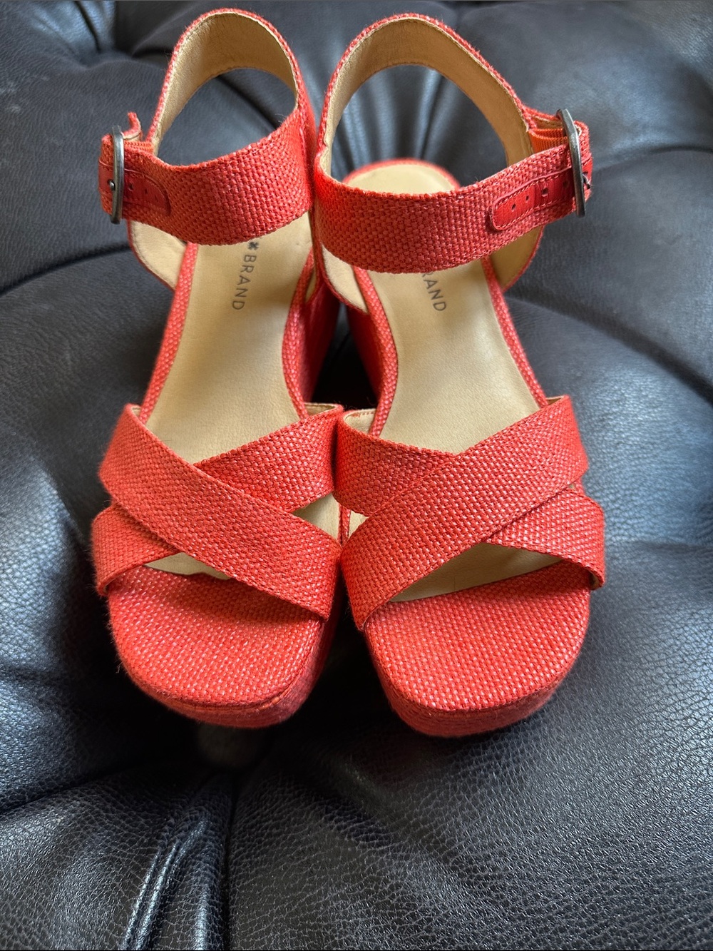 Lucky Brand Coral-Red Woven Platform Wedges with Ankle Strap